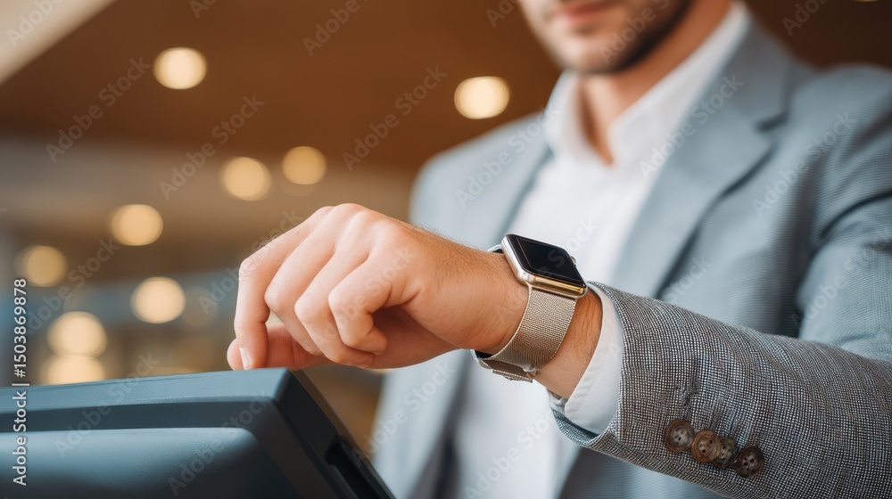 Poster a businessman using a smartwatch to make a payment at a point-of-sale terminal in a modern setting.
