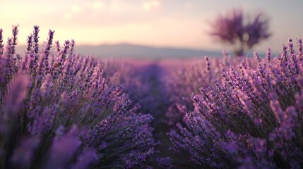 Fototapeta premium Lavender Fields at Sunset: Purple Flowers, Scenic Landscape