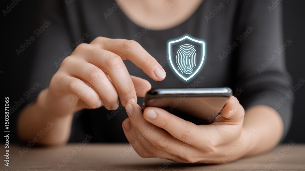 Poster a person is using a smartphone with a fingerprint security feature displayed on the screen, emphasiz