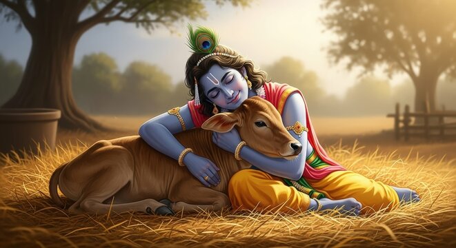 Naklejki Krishna hugging calf hindu god mythology indian deity divine love devotion art