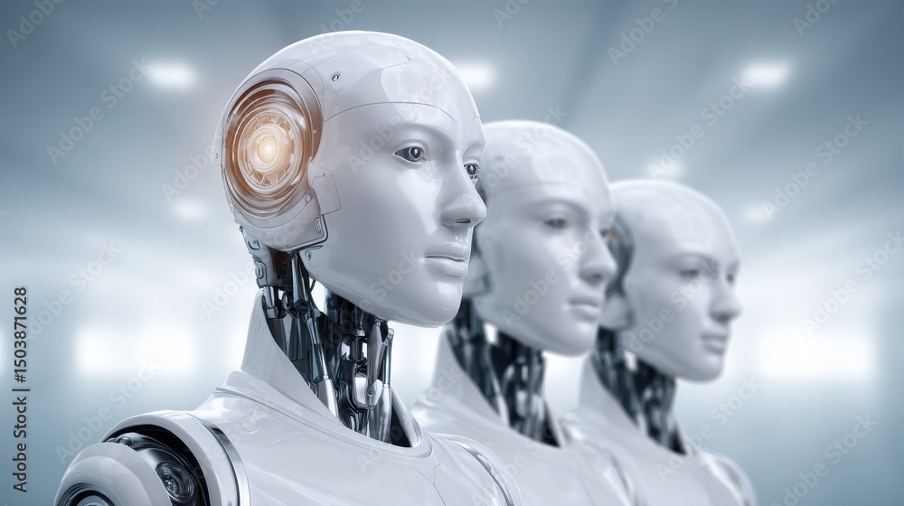 Poster three futuristic robots with sleek designs and glowing features are positioned side by side against 