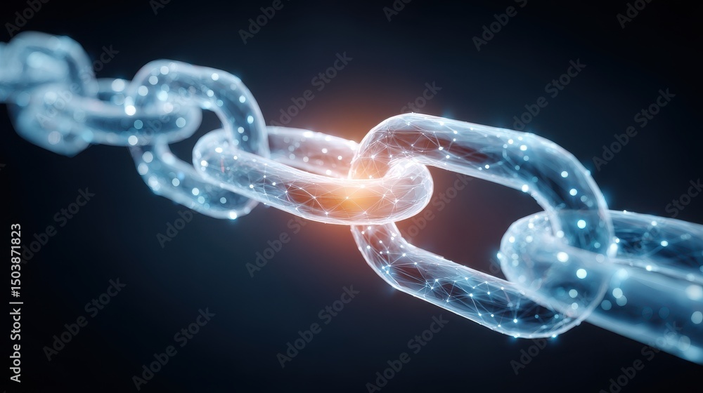 Poster a futuristic digital chain link glowing with light, symbolizing connection and technology.