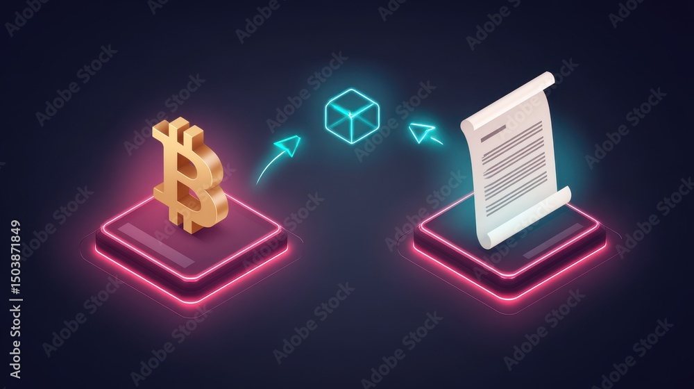Poster digital illustration showing a bitcoin symbol and a document connected through a cube, representing 