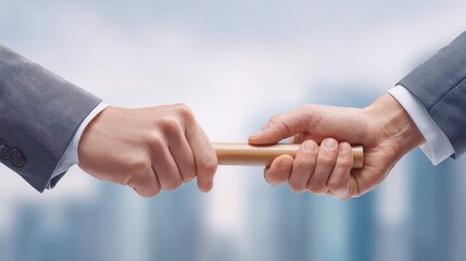 Hands exchanging a baton, symbolizing teamwork, leadership, and collaboration in a professional setting.