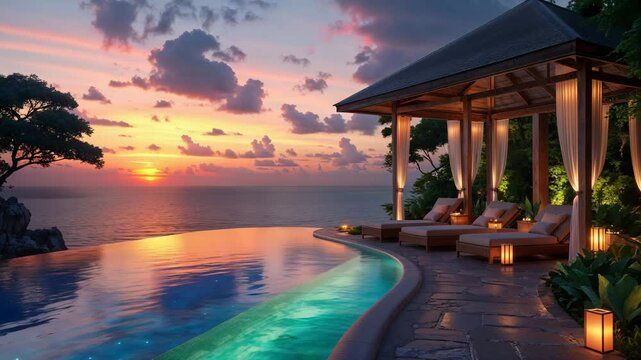 Beautiful coastal resort sunset view with infinity pool lounge chairs and a luxurious relaxing vacation destination.
