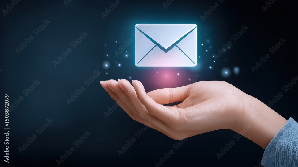 Aufkleber a hand holds a glowing envelope symbolizing digital communication, set against a dark background wit