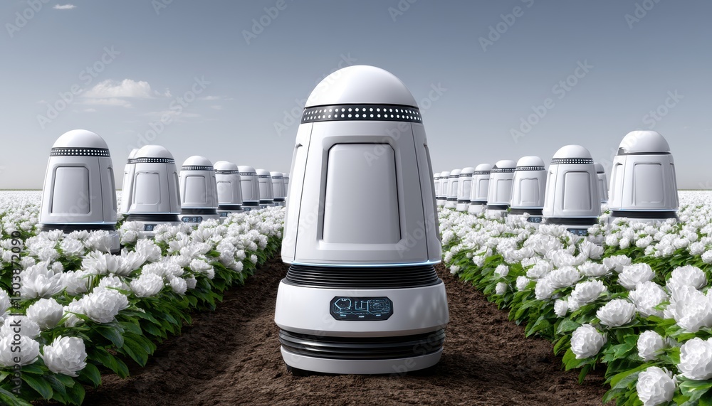 Poster robots autonomously tending to a flower field, blending advanced technology with agriculture under a
