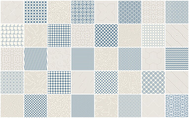 Collection of vector seamless geometric patterns. Color repeatable backgrounds. Striped and tile mosaic monochrome textures, textile prints