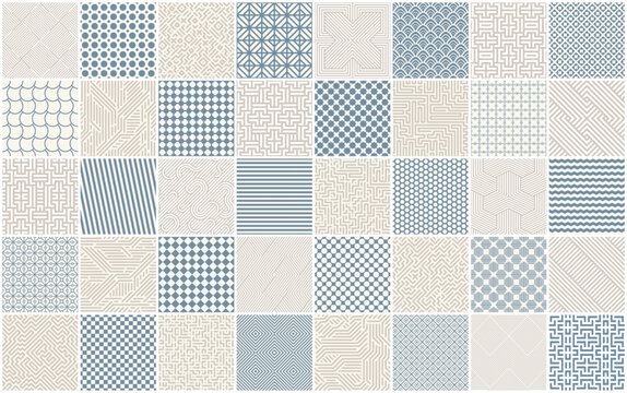 Collection of vector seamless geometric patterns. Color repeatable backgrounds. Striped and tile mosaic monochrome textures, textile prints