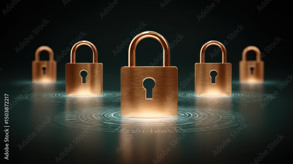 Poster five glowing bronze locks are arranged in a circular pattern on a dark background, symbolizing secur