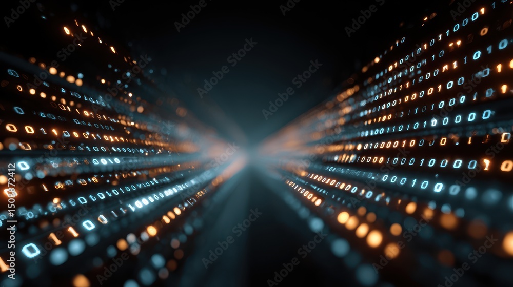 Aufkleber Digital data streams converge in an abstract, futuristic visual, showcasing a sense of speed and motion through binary code.
