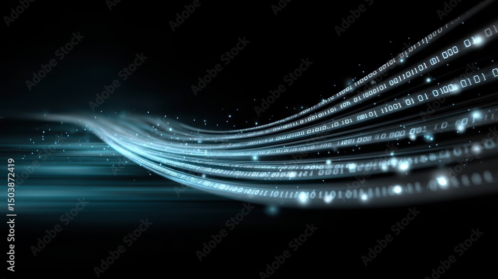 Poster abstract digital design featuring flowing binary code against a dark background, symbolizing technol