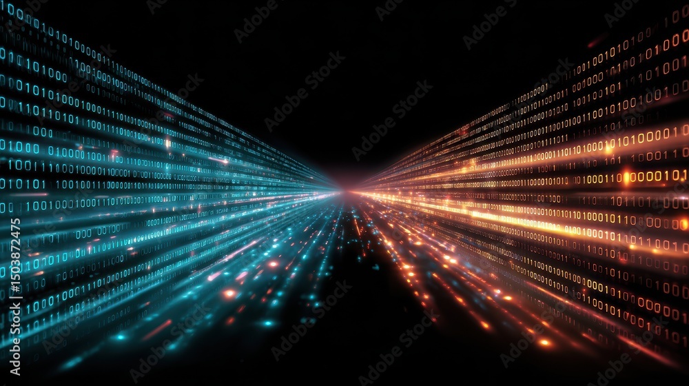 Aufkleber Digital binary streams create a futuristic and dynamic visual effect, showcasing technology's essence in a dark background.