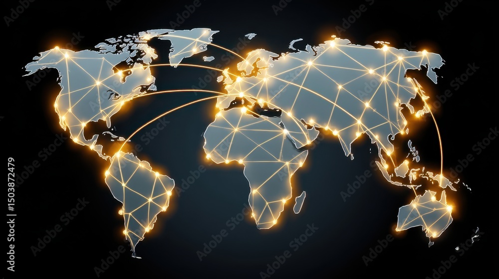 Poster a digital world map connected by glowing lines, symbolizing global communication and networking.