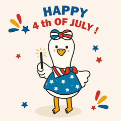 4th of july silly goose holding firework. happy independence day. kawaii cute character