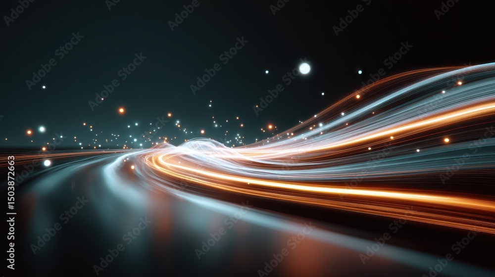 Poster dynamic light trails on a dark road create an abstract, vibrant motion effect, emphasizing speed and