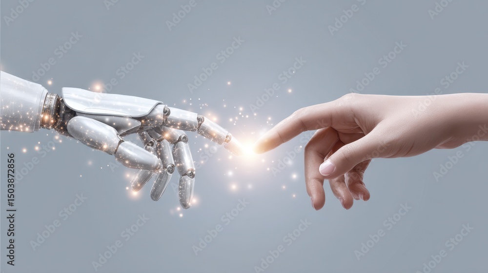 Poster a human hand and a robotic hand reach toward each other, creating a spark of light, symbolizing the 