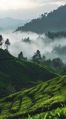Lush green tea plantations extend across hilly terrain shrouded in early morning misty fog