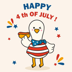 4th of july silly goose with hot dog. happy independence day. kawaii cute character