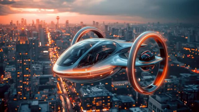 Futuristic hovercraft above cityscape at dawn