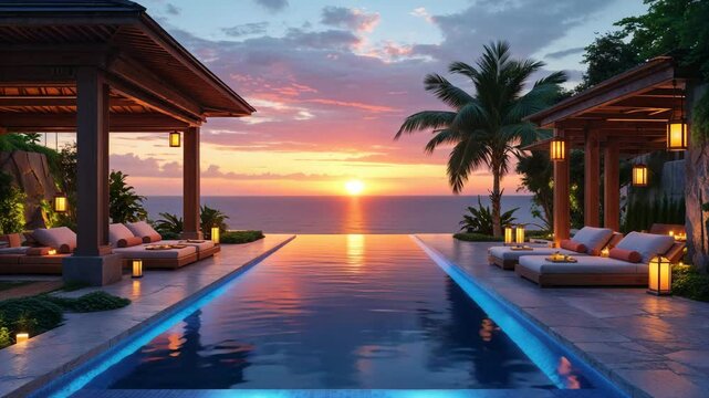 Luxurious resort poolside scene with evening sunset over ocean water and relaxing loungers