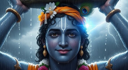 Lord krishna lifting govardhan hill indian god hinduism divine deity art rain