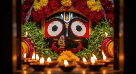 Fototapeta premium Jagannath face deity hinduism hindu god puja altar candles flowers devotion