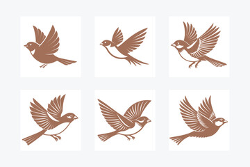 Flying Sparrow Set Vector Illustration.