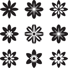 "Black-and-White Flower Collection with Nine Different Floral Designs - Vector Flower Illustration Set"