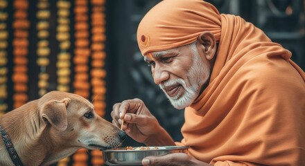 Sai baba feeding dog shirdi india hinduism spirituality devotion compassion love