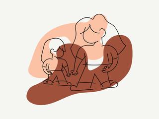 A mother with a little daughter in a simple line style, vector illustration
