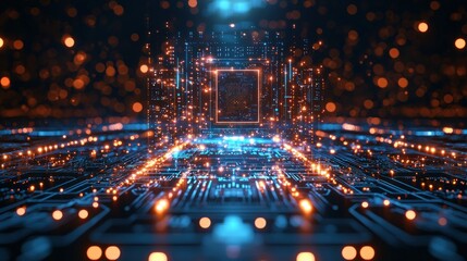 Obraz premium Abstract Digital Circuitry, Glowing 3D Render of a Futuristic Technological Landscape