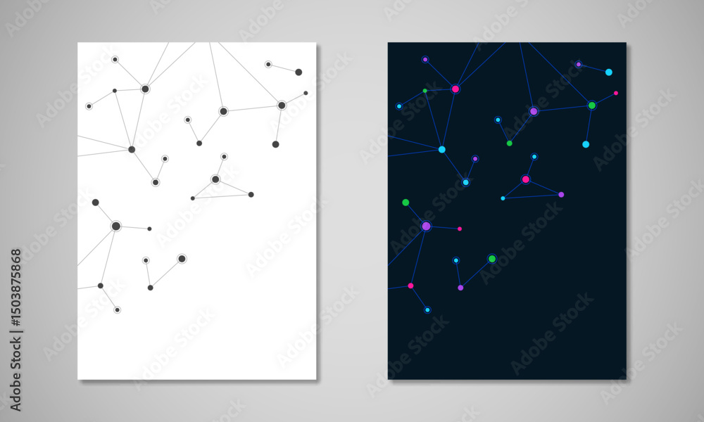 Poster Vector template for brochure or cover with molecular structure background and connected lines and dots. Medicine, science and digital technology concept