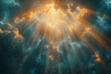 荘厳な光が差し込む神秘的な空と雲の背景/Majestic Rays of Light Piercing Through Mystical Clouds Sky Background