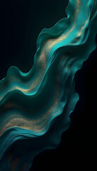 Luxurious abstract background with flowing dark blue and emerald green waves, golden glitter and soft dynamic curves on a dark background. Rich and elegant texture for high-quality branding, packaging