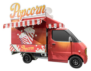 Side view white red popcorn truck