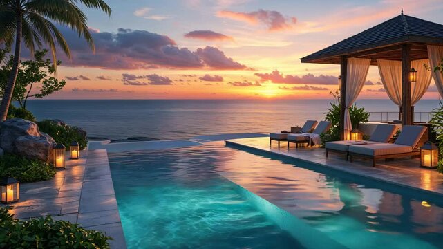 Luxury sunset scene overlooking infinity pool with beachside lounge area and gazebo at dusk
