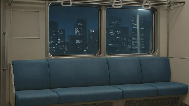 深夜の電車と静まり返った都会の夜景
