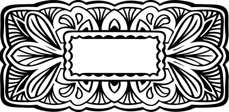 Ornate black and white floral decorative frame with a central text box vector silhouette