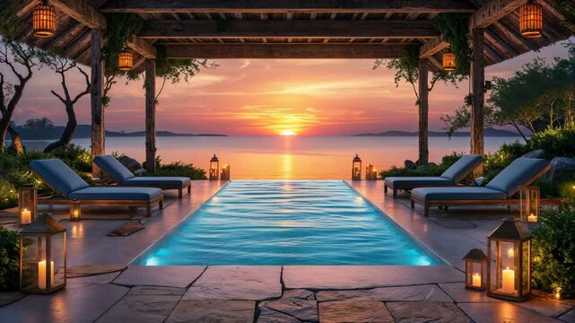 Serene resort view captivating sunset over infinity pool loungers and lanterns evening coastal ambiance