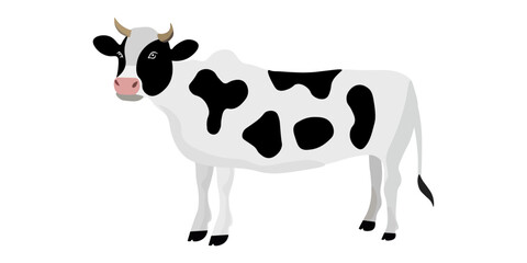 Vector illustration of a spotted dairy cow with horns and pink nose in side view, perfect for agricultural content, farm education, children’s books, food industry graphics and eid cards