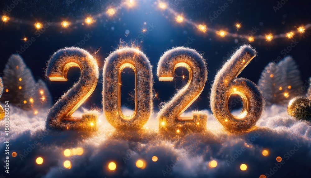 Aufkleber  glowing 2026 numbers in frosty snow with golden lights and bokeh for new year web design, print poster, holiday branding, winter celebration, or festive greeting background
