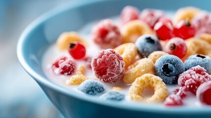 Cereal with Berries and Milk in Blue Bowl Close-Up
