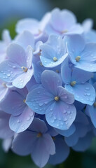 A close-up of delicate pink-purple hydrangea petals with dew drops, created by AI. A soft, airy background for a phone wallpaper. 