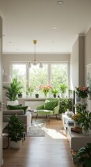 Bright modern living room with plants and natural light beaming through window