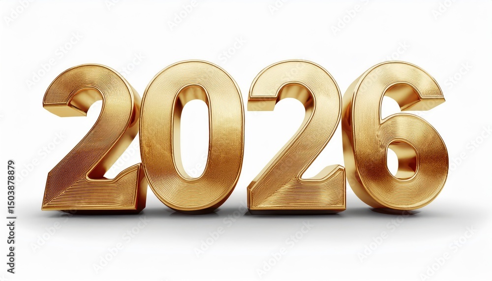 Poster golden 2026 number design with 3d embossed metallic texture on white background for new year graphic