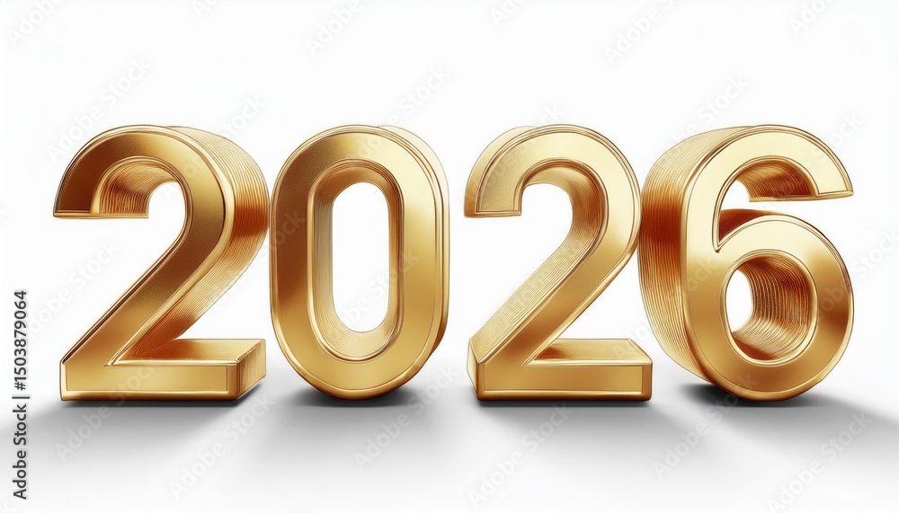 Poster golden 2026 number design with 3d embossed metallic texture on white background for new year graphic