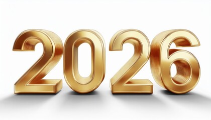  golden 2026 number design with 3d embossed metallic texture on white background for new year graphic, web banner, branding, print cover, calendar template, or luxury event visual