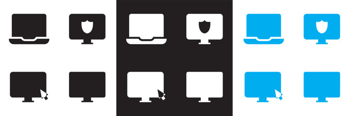 Computer related  icons. Laptop, desktop  etc. Vector for websites, mobile interfaces, presentations, banner, visual branding etc. Vector illustration. isolated on white and black background. EPS 10