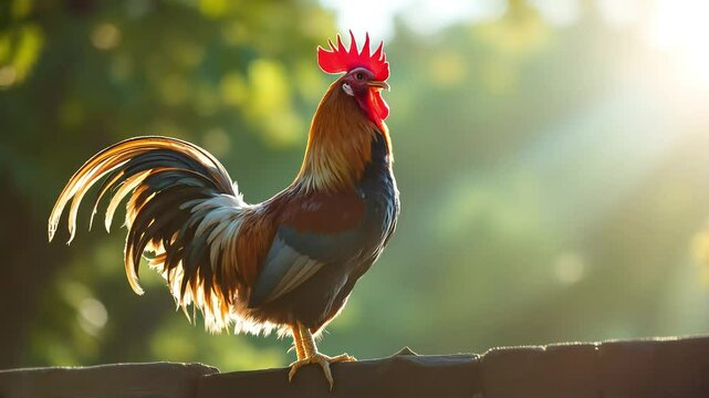Rooster crowing in early morning sunlight